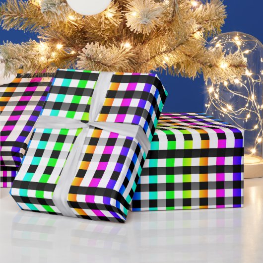 ヴィシー市松模様にパターンレインボーホワイトプレイド ラッピングペーパー (クリスマス)