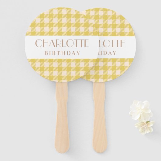 ヴィシー農家イエローギンガムプレイドのチェックパーティー ハンドファン (正面&裏面)