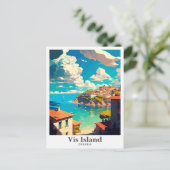 ヴィスアイランドクロアチアトラベルヴィンテージイラストレーション ポストカード (スタンド正面)