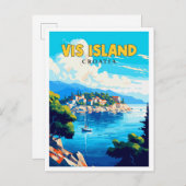 ヴィスアイランドクロアチアヴィンテージ旅行イラストレーション ポストカード (正面/裏面)