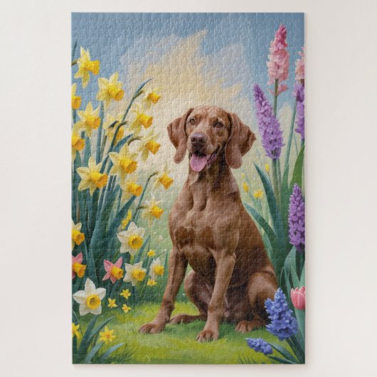 ヴィズラ 犬 春の花 絵画 ジグソーパズル (縦)