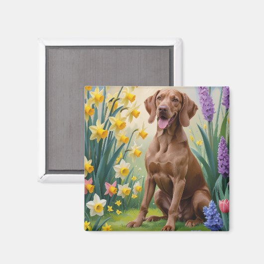 ヴィズラ 犬 春の花 絵画 マグネット (正面/裏面)