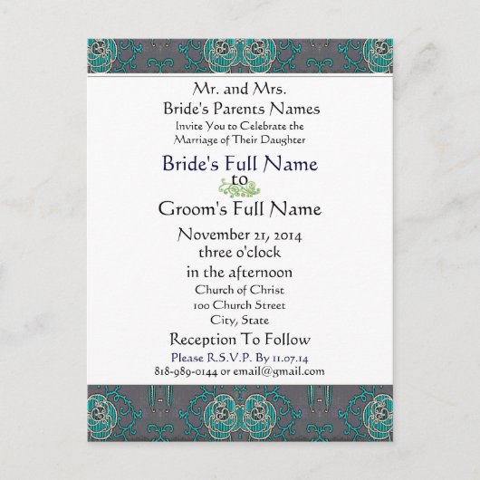 ヴィナッツゲアクアオングレー結婚式招待状 インビテーションポストカード (正面)