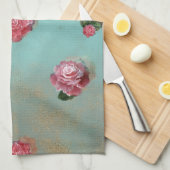 ヴィナージフラワーバラフローラブルーピンクのノスタルジック キッチンタオル (四つ折り)