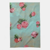 ヴィナージフラワーバラフローラブルーピンクのノスタルジック キッチンタオル (縦)