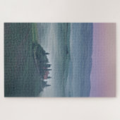 ヴィラのあるトスカーナの風景の上のピンクの日の出 ジグソーパズル (横)