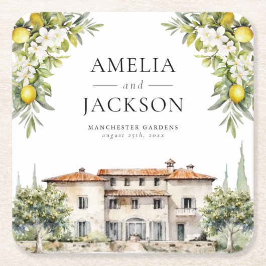 ヴィラズイタリアンレモン&オリーブ スクエアペーパーコースター (正面)