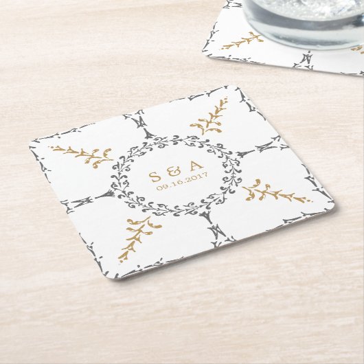 ヴィンエレガントフォーマルテージ結婚式モノグラム スクエアペーパーコースター (アングル)