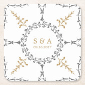 ヴィンエレガントフォーマルテージ結婚式モノグラム スクエアペーパーコースター (正面)