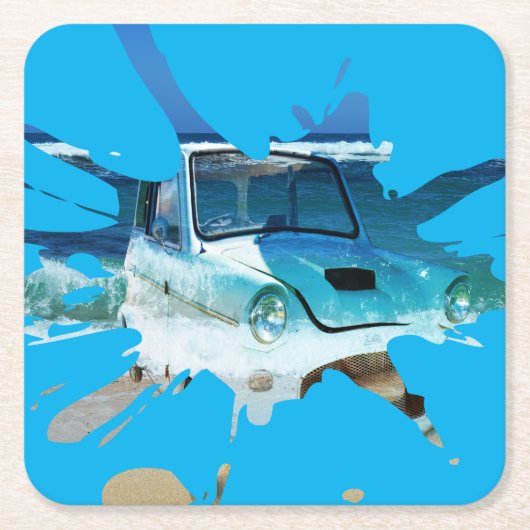 ヴィンクラシックテージ車のビーチイポップ・アートのアート スクエアペーパーコースター (正面)