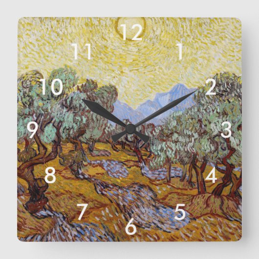 ヴィンセント・バン・ゴッホ – オリーブ・ツリー、黄色い空と太陽 スクエア壁時計 (正面)