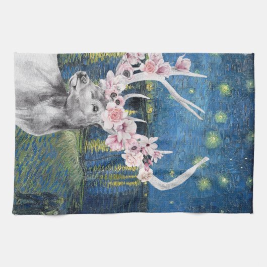 ヴィンセント・ヴァン・ゴッホの「星降る夜」と花の鹿のコンパイル キッチンタオル (横)
