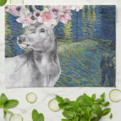 ヴィンセント・ヴァン・ゴッホの「星降る夜」花の鹿コンパイル キッチンタオル (折り畳み)