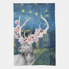 ヴィンセント・ヴァン・ゴッホの「星降る夜」花の鹿 コンパイル キッチンタオル