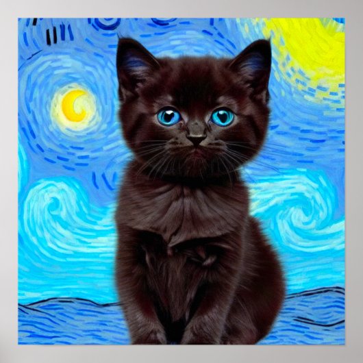 ヴィンセント・ヴァン・ゴッホの『星降る夜』黒猫 ポスター (正面)