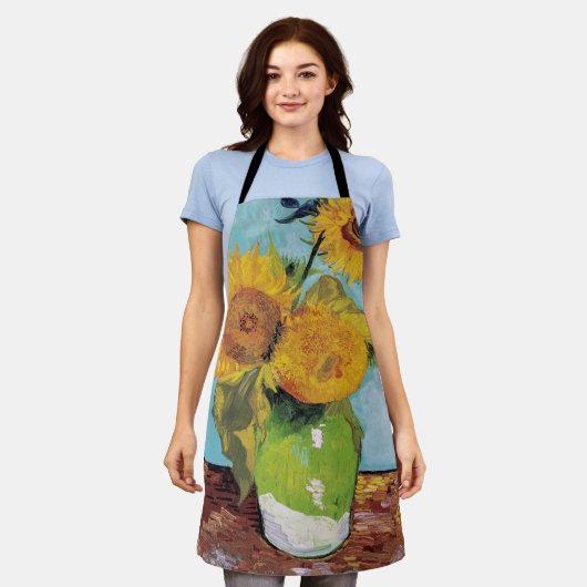 ヴィンセント・ヴァン・ゴッホ – 花瓶に3本のひまわり エプロン (着用した状態)
