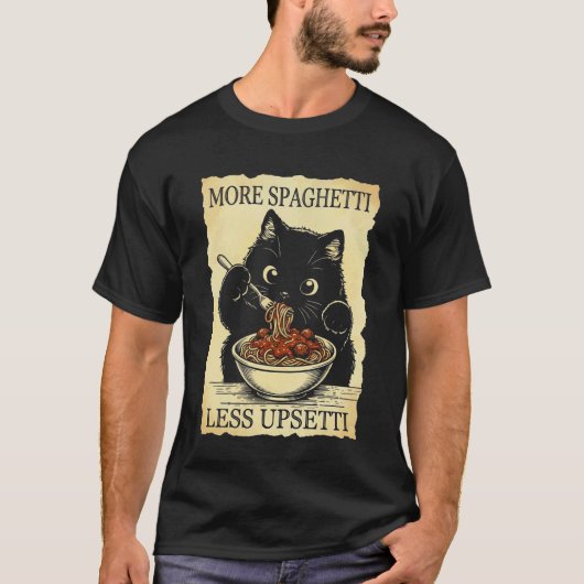 ヴィンタ パスタを食べるUpsettiの少ないスパゲッティ猫 Tシャツ (正面)