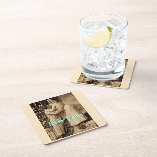 ヴィンテおもしろいージウェディングカップルキスをする追加文字 スクエアペーパーコースター (インサイチュ)