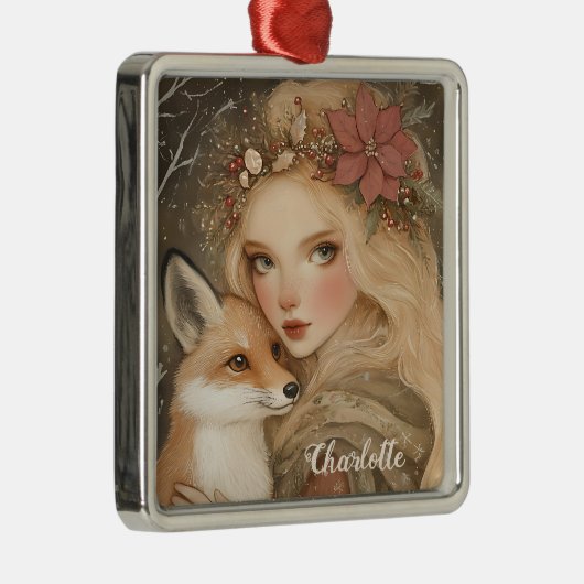 ヴィンテパーソナライズされたージクリスマスガールとキツネ メタルオーナメント (右)