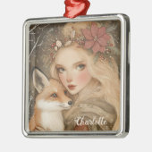 ヴィンテパーソナライズされたージクリスマスガールとキツネ メタルオーナメント (左)