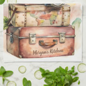 ヴィンテパーソナライズされたージ旅行イラストレーション キッチンタオル (折り畳み)