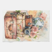 ヴィンテパーソナライズされたージ旅行イラストレーション キッチンタオル (横)