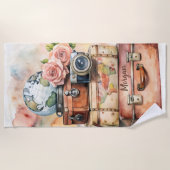 ヴィンテパーソナライズされたージ旅行イラストレーション ビーチタオル (正面)