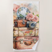 ヴィンテパーソナライズされたージ旅行イラストレーション ビーチタオル (正面)