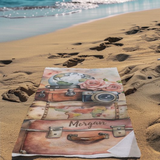 ヴィンテパーソナライズされたージ旅行イラストレーション ビーチタオル