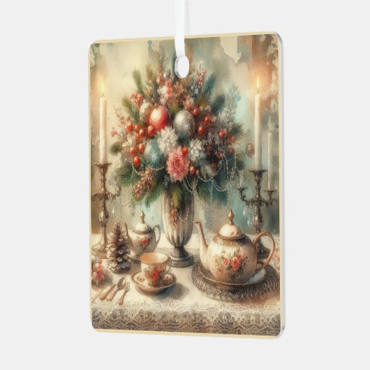 ヴィンテビクトリアンージクリスマスティーポットとフローラ メタルオーナメント (正面左)