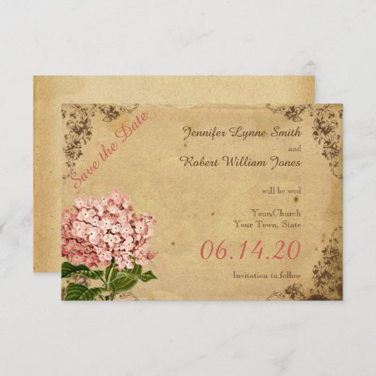 ヴィンテージあじさい結婚式の日付を保存 セーブザデート (正面/裏面)