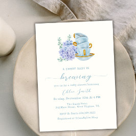 ヴィンテージあじさい茶パーティー醸造ベビーシャワー 招待状