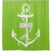 ヴィンテージいかりおよび名前ライムグリーン航海の シャワーカーテン (正面)