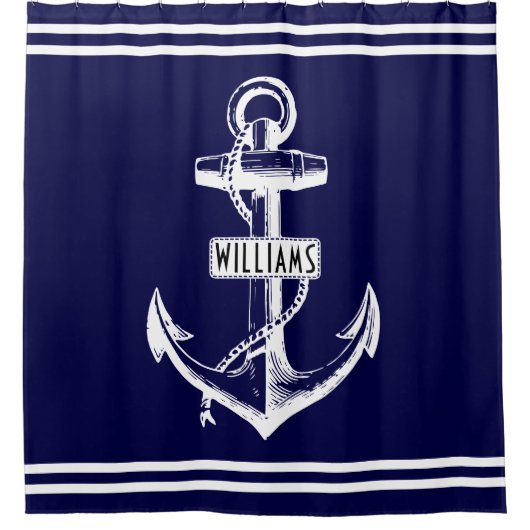 ヴィンテージいかりとストライプネイビーブルー航海の シャワーカーテン (正面)