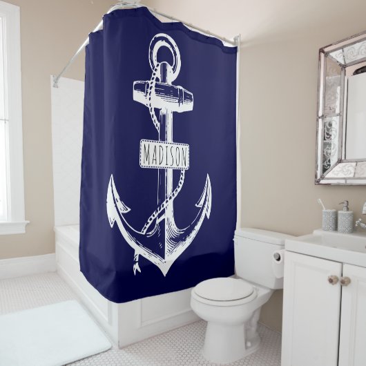ヴィンテージいかりとネイビーブルーの名前航海の シャワーカーテン (インサイチュ)