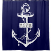 ヴィンテージいかりとネイビーブルーの名前航海の シャワーカーテン (正面)