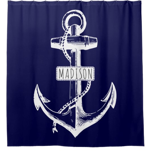 ヴィンテージいかりとネイビーブルーの名前航海の シャワーカーテン (正面)