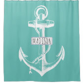 ヴィンテージいかりと名前on lightティール（緑がかった色） 航海の シャワーカーテン (正面)