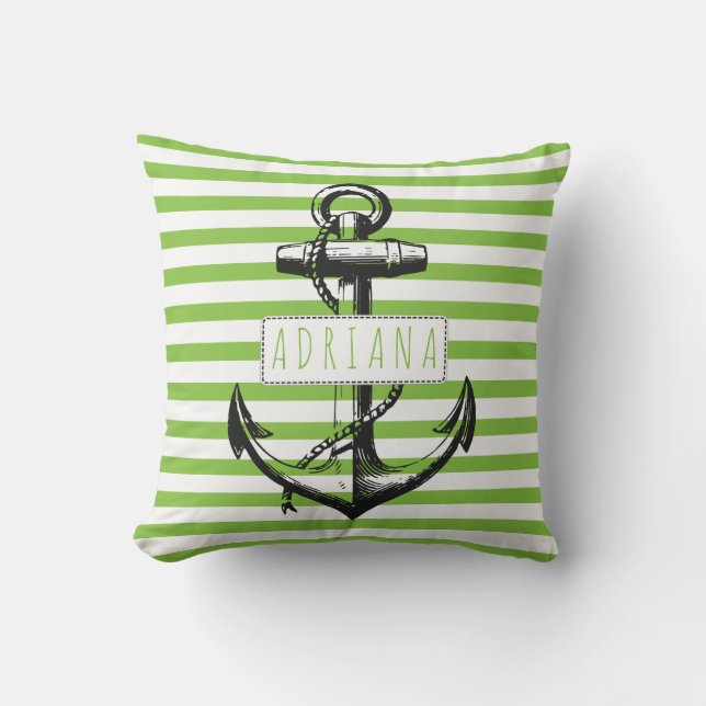 ヴィンテージいかりの緑パタストライプのーン航海の クッション (正面)
