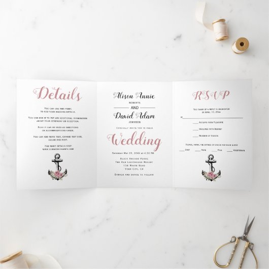 ヴィンテージいかりほこりっぽいバラ航海の結婚の花 三つ折り招待状 (内部)