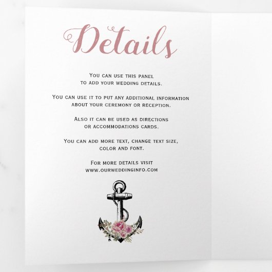 ヴィンテージいかりほこりっぽいバラ航海の結婚の花 三つ折り招待状 (内部最初)