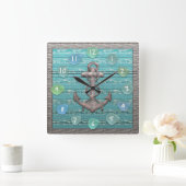 ヴィンテージいかりシーガラスビーチ流木海 スクエア壁時計 (ホーム)