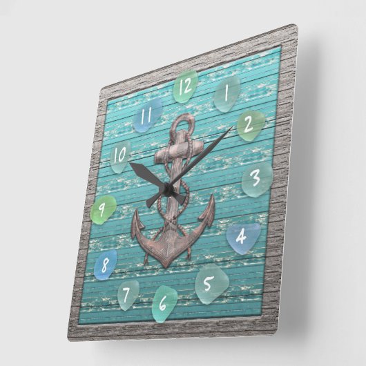 ヴィンテージいかりシーガラスビーチ流木海 スクエア壁時計 (傾斜)