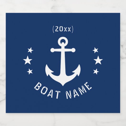 ヴィンテージいかりデイトスターズボート名ネイビーブルー スパークリングワインラベル (シングルラベル)