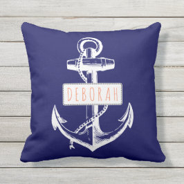 ヴィンテージいかりネイビーブルー航海のリバーシブル クッション