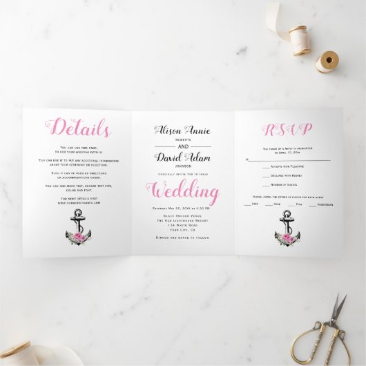 ヴィンテージいかりピンク航海の結婚の花 三つ折り招待状 (内部)