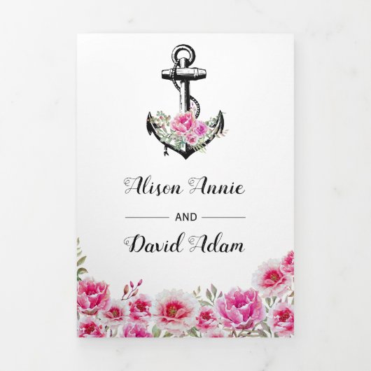 ヴィンテージいかりピンク航海の結婚の花 三つ折り招待状 (カバー)