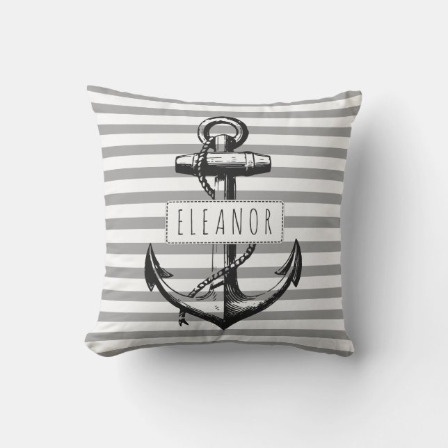 ヴィンテージいかり灰色ストライプの白パタ航海のーン クッション (正面)