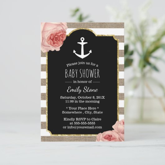 ヴィンテージいかり素朴ストライプフローラベビーシャワー 招待状 (スタンド正面)