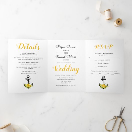 ヴィンテージいかり黄航海の結婚花 三つ折り招待状 (内部)